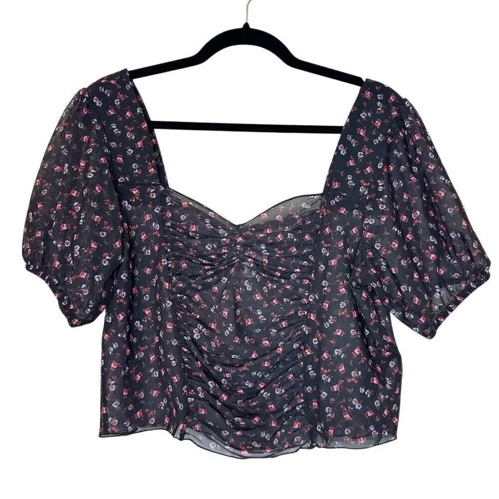 Topshop Floral Ditsy Mesh Sheer Ruched Puff Sleeve Black Pink Crop Top Size 12
